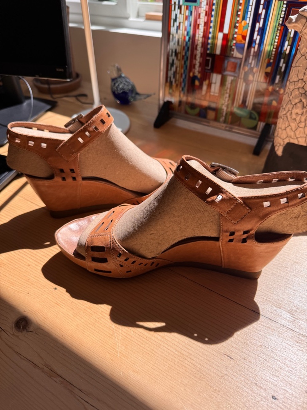 Sundance MamZelle Leather Wedge Sandals Size 40.5 9.5 Women Tan Geometric Design